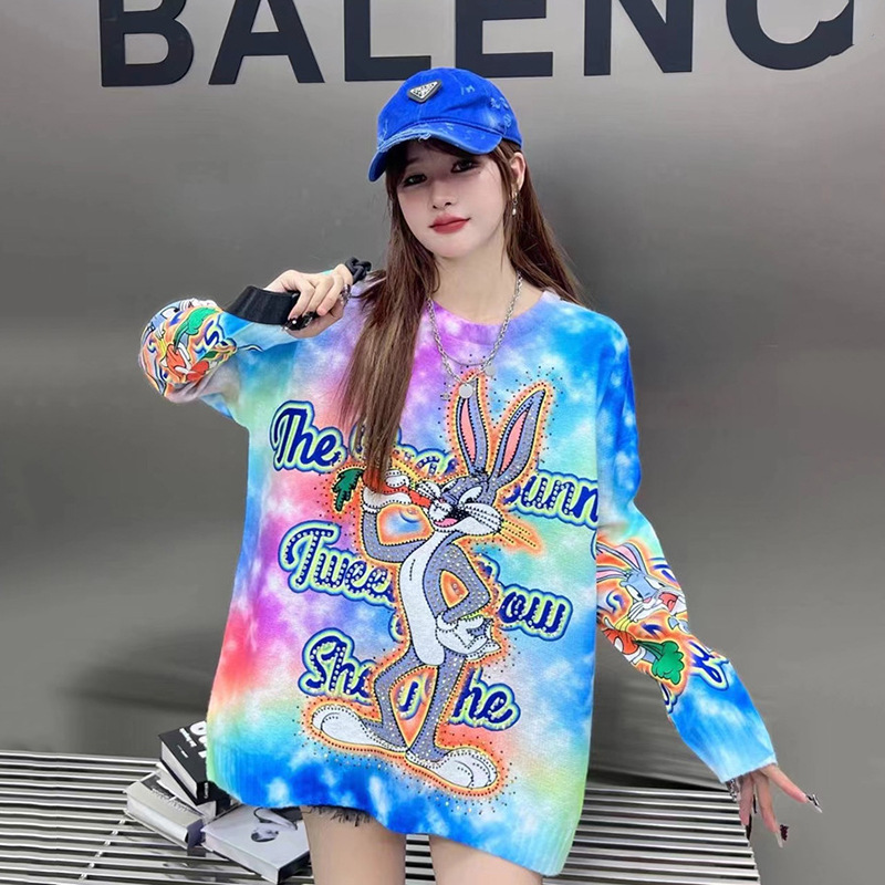 European Fashion Brand Fashion Autumn and Winter New Hot Drilling Naughty Rabbit Loose Pullover Round Neck Loose Sweater Top Trendy