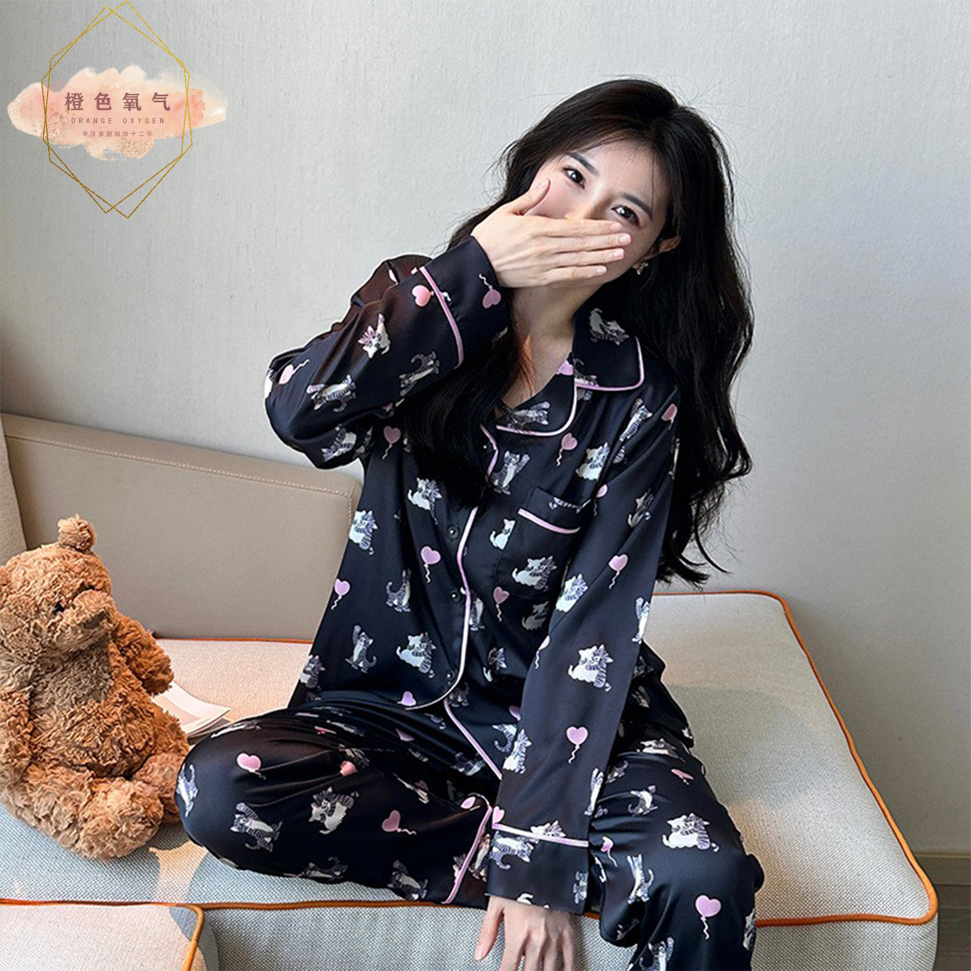 [Cat Party] Korean Style Cute Cat Black Pajamas Ice Silk Long-Sleeved Spring & Fall Thin High-End Home Clothes