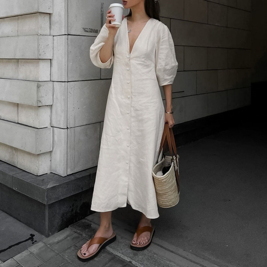 2024 French Light Mature Beige Cotton Puff Sleeve Dress Women's Summer Backless Loose V Neck Shirt Dress Long Skirt
