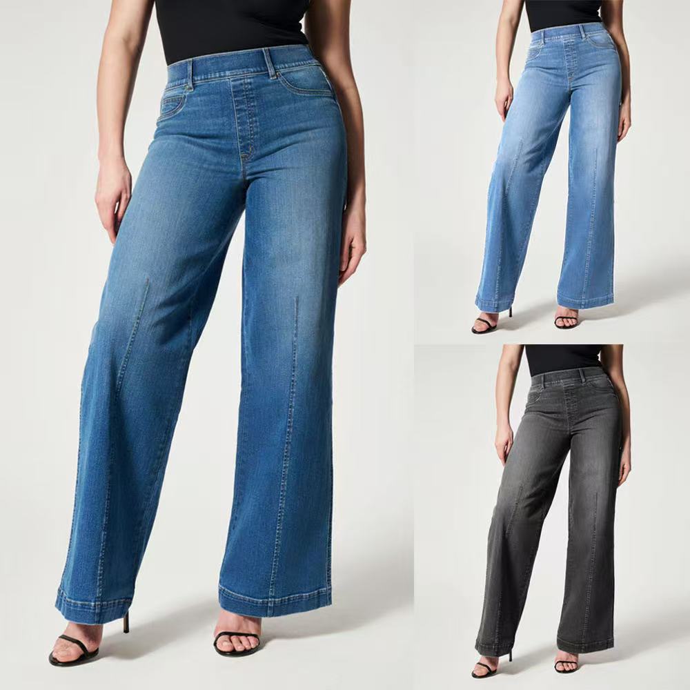 Cross-border Amazon Independent Station Women's Wide Leg Mid-waist High Elastic Elastic Waist Washed Jeans Women