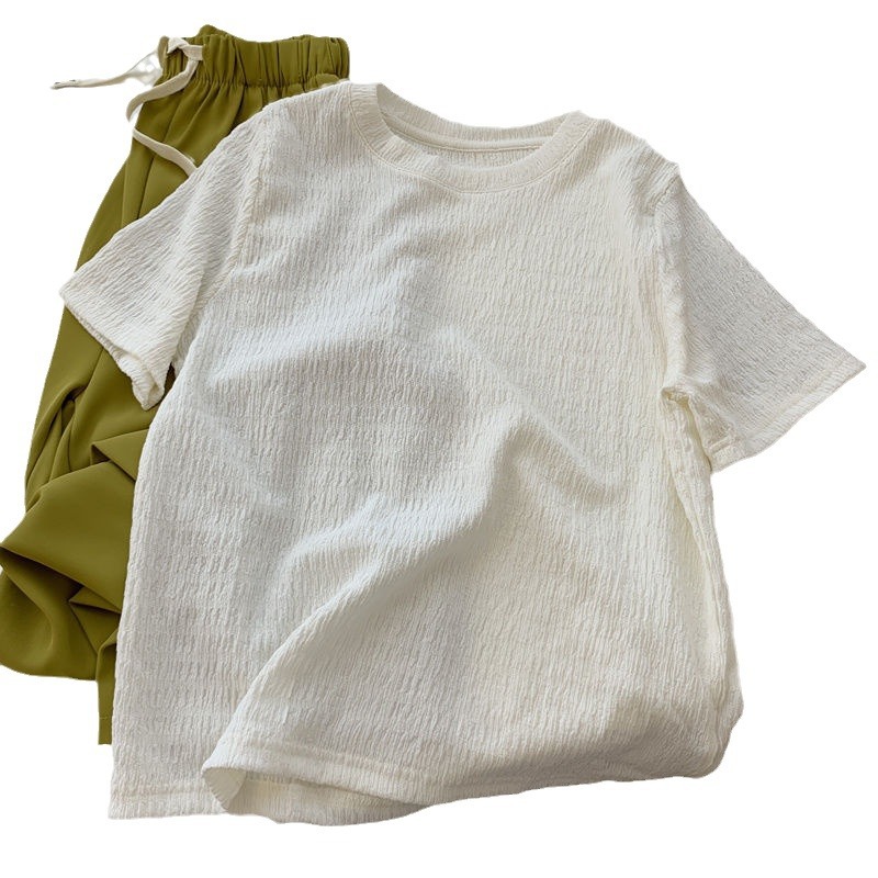 Picture of Ins Super Fire Texture Short-sleeved T-shirt Women's Summer Loose Slimming All-match Sweet and Vassal Style Solid Color Half-sleeved Clothes Trendy