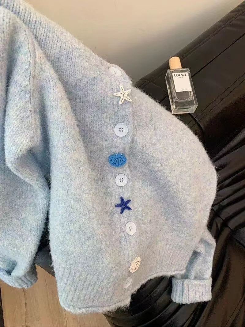 Picture of Korean Style Soft Waxy Lazy Style Blue Sweater Coat Women's Autumn High-end Loose Slimming Knitted Cardigan Top Trendy