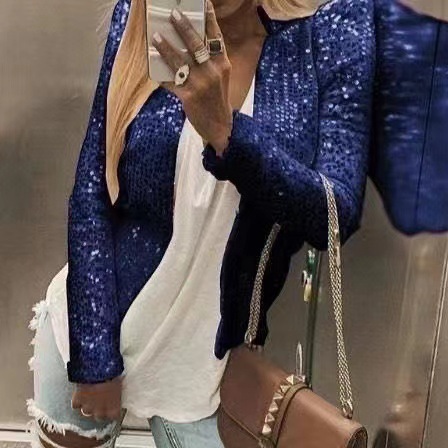Picture of 2025 Cross-Border Women's Spring European and American Fashion Round Neck Pure Color Sequined Short Outwear Casual Versatile Small Outwear