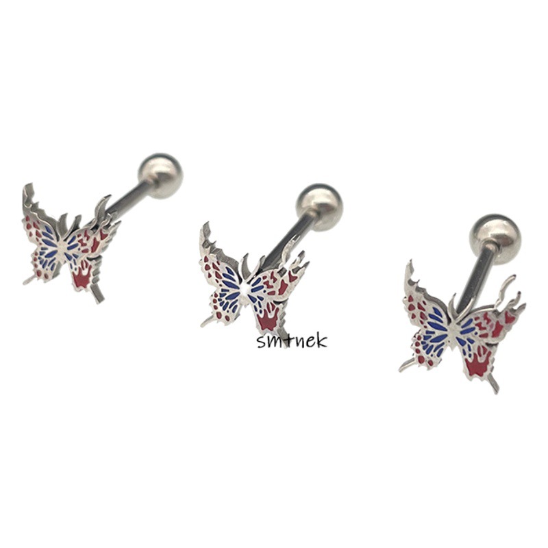 SMTNEK titanium steel red and blue two-color hollow butterfly tongue stud earrings stainless steel piercing jewelry