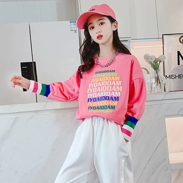 Girls' Spring and Autumn T-shirt Long Sleeve Mid-sized Children's Stylish Base Shirt Thin Mid-length Top Contrasting Color All-match Sweater