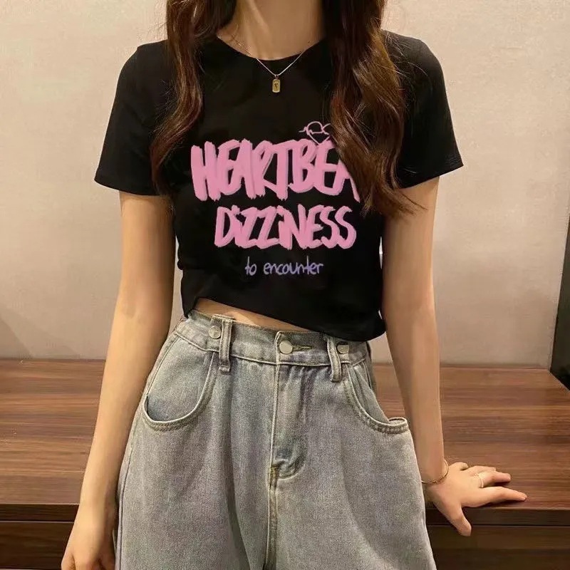 Picture of Short-sleeved T-shirt Women's Black Short Shoulder Summer Top New Sweet and Spicy Style American-style Slim-fit Navel-exposed Niche Students