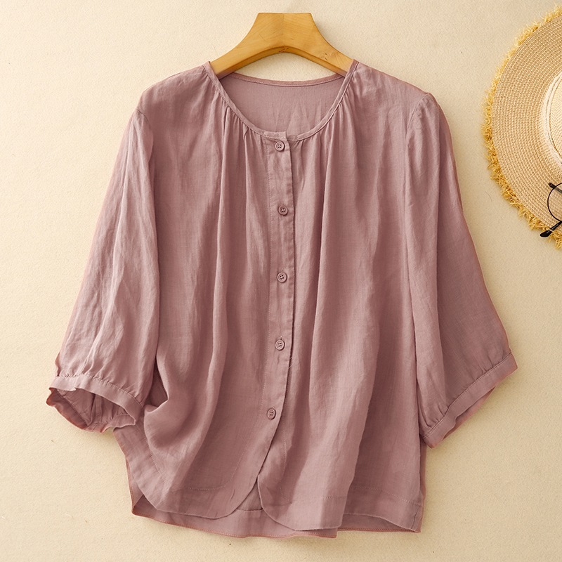 Real Shot of Pure Color Cotton and Linen Round Neck Shirt for Women Summer New Style Simple and Comfortable Shirt Loose and Versatile Thin Cardigan Top