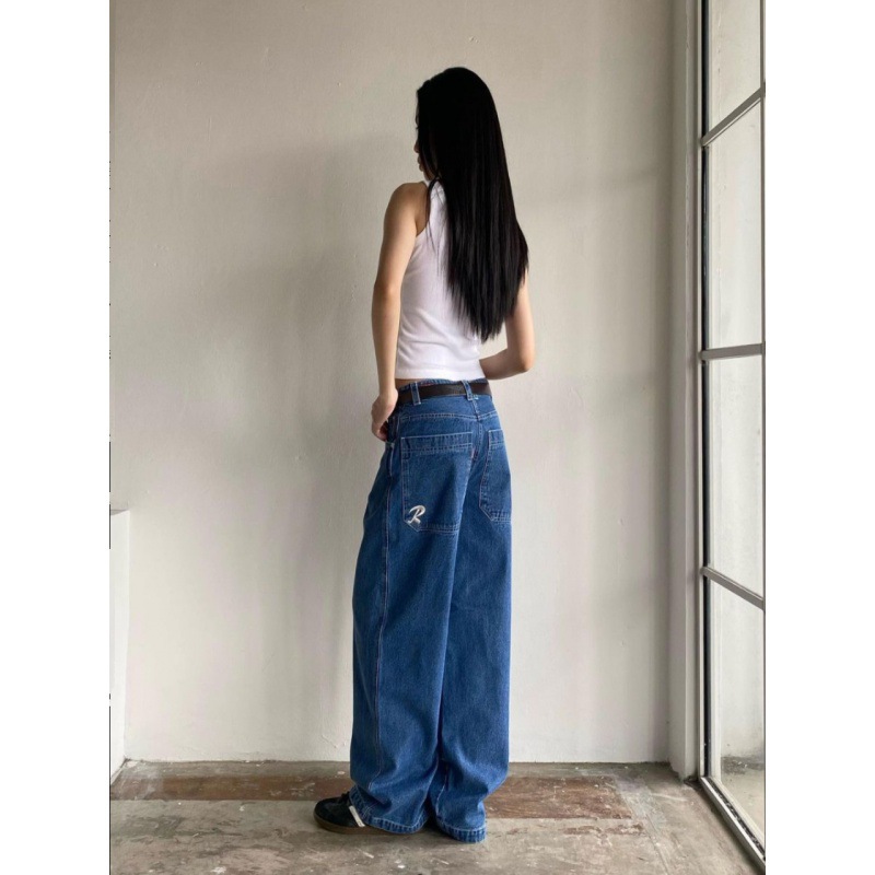 American Style Street Retro Pocket Embroidered Hot Girl European and American Style Loose Wide Leg High Street Low Waist Slimming Casual Denim Pants