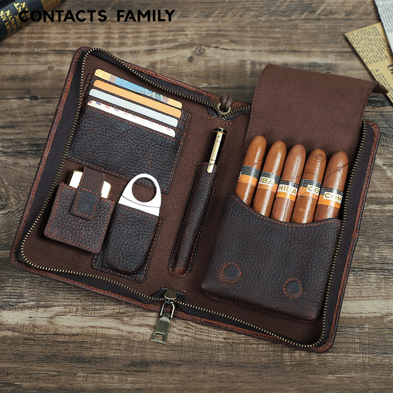 in stock wholesale leather cigar box 5 pts with wrist zipper multi-functional travel convenient cigar cigarette case leather case