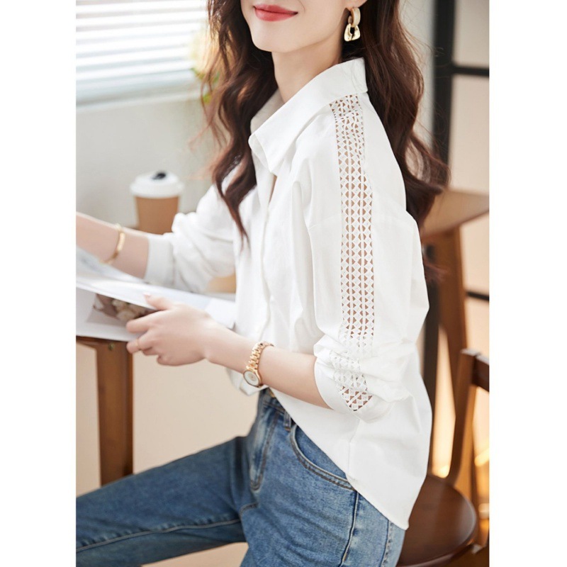 Picture of 2024 New Niche Chic Shirt Spring and Autumn Temperament Shirt Sleeves Hollow Texture Commuting Easiest for Match White Shirt for Women
