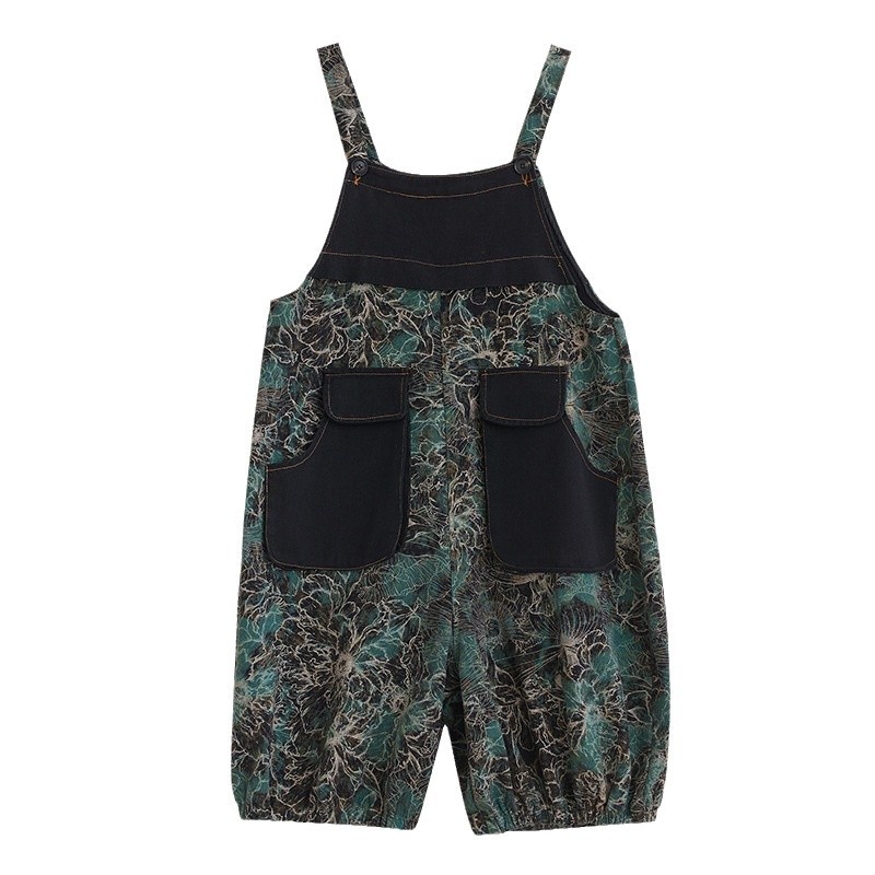 Picture of Real Shot in stock 2025 Summer New Loose plus size Retro Printed Large Pocket Five-point Over-the-knee Denim Overalls for Women