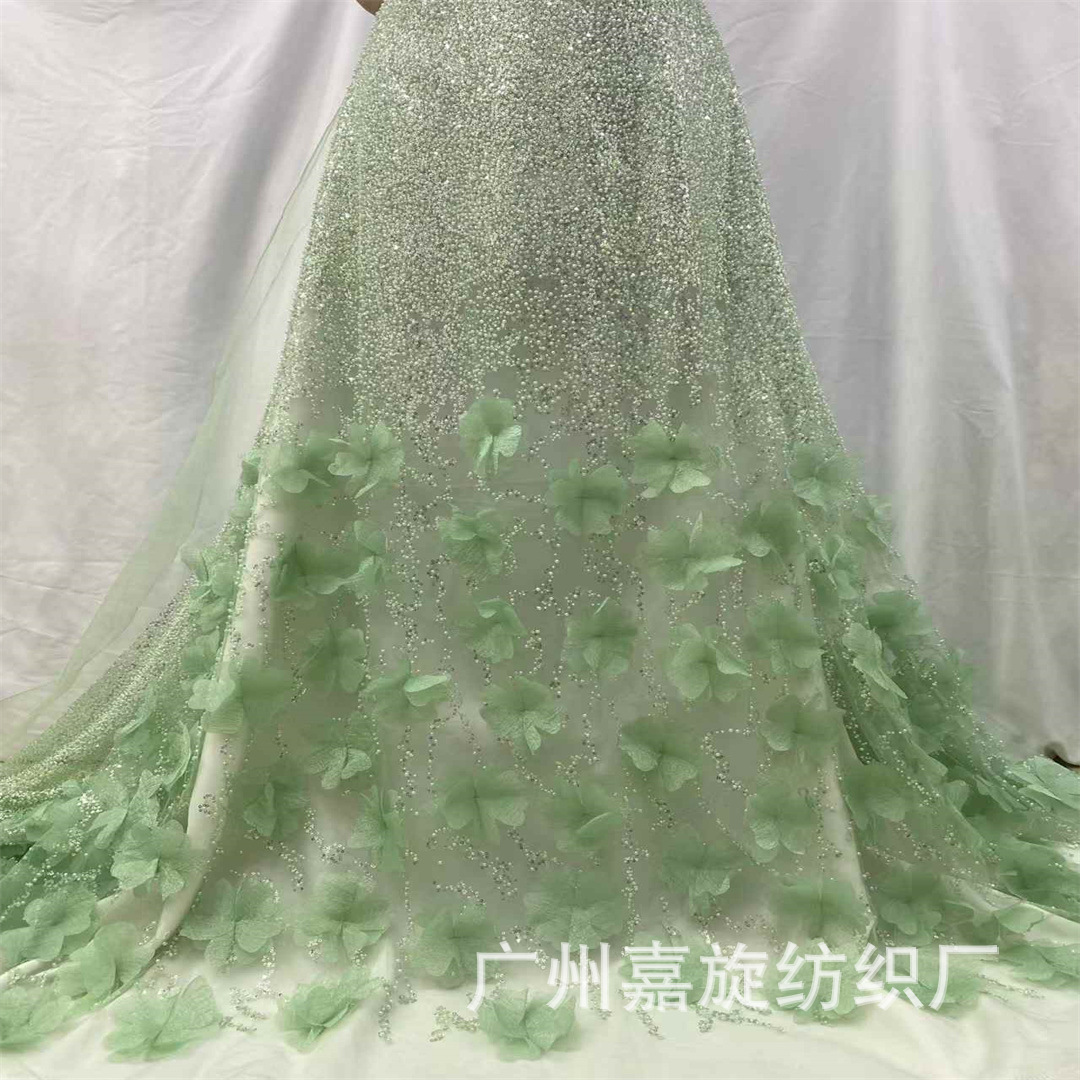 Cross-border AliExpress Hot Sale Laser Bead Tube Sequin Fabric 3D Four-leaf Clover Three-dimensional Embroidered Mesh Lace Fabric