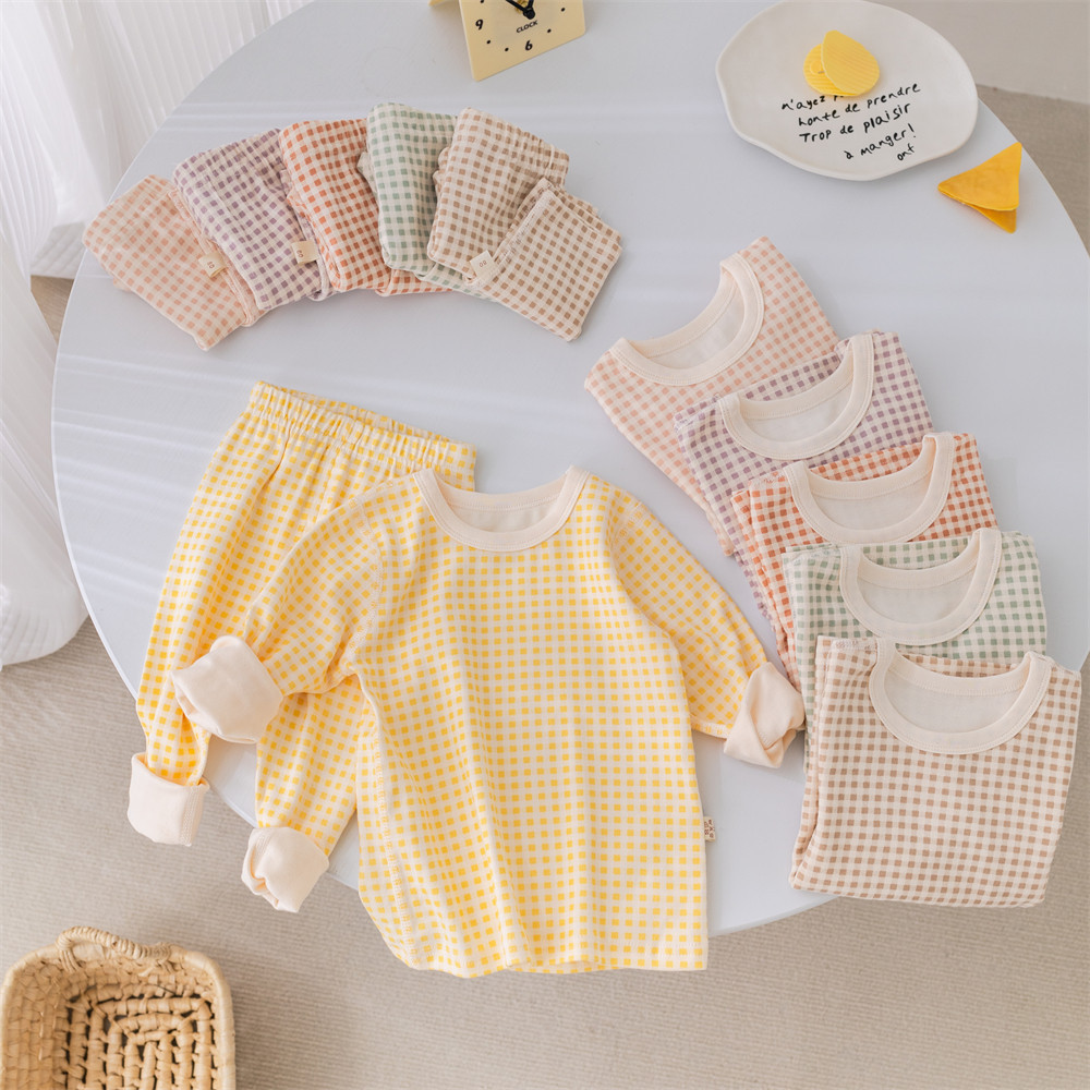 Picture of ins Plaid children's home wear underwear suit boys and girls baby bottoming clothes children's autumn clothes long pants suit