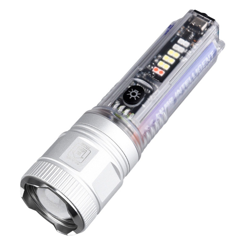 Chattering Strong White Laser Zoom Flashlight Solar Charging Outdoor Red and Blue Warning Light Mini long-range flashlight