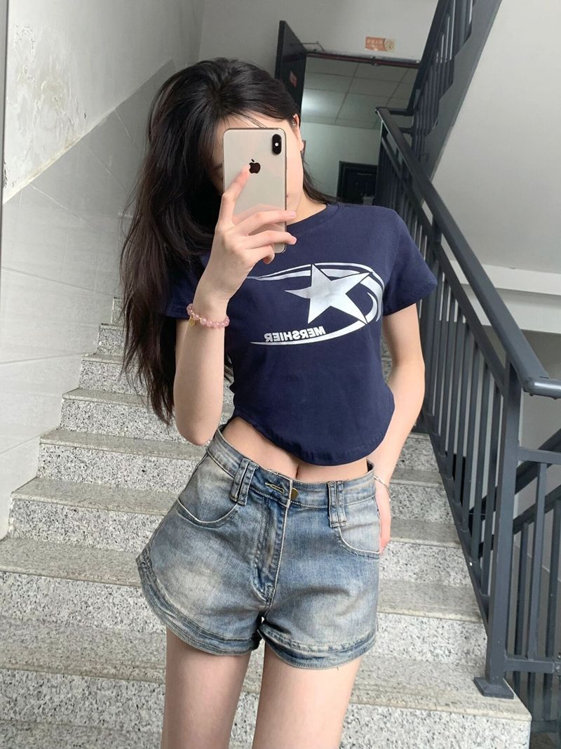 [210g 40 Count Pure Cotton] Right Shoulder Short-Sleeved T-Shirt for Women with Niche Sexy Short Slim Fit Top