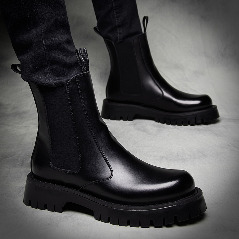 Ins Smoke Tube Chelsea Ankle Boots Men's British Style All-match Black Soft Leather High-top Platform Motorcycle Tooling Martin Boots