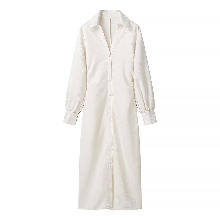 ZA cross-border women's clothing wholesale European and American style new V-neck single-breasted jacquard pleated waist long sleeve dress