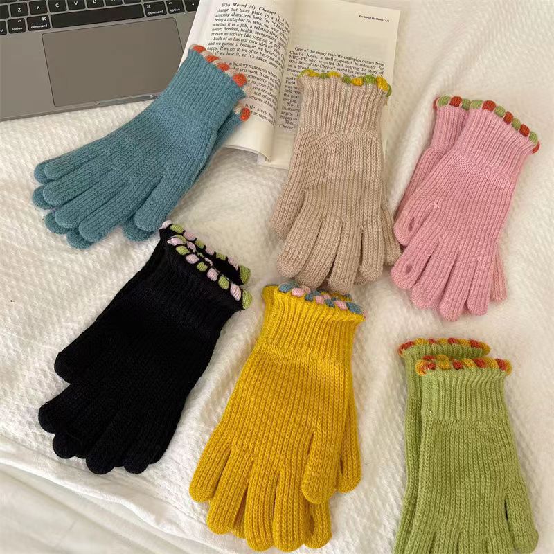 Ins Autumn and Winter Women's Korean-style Solid Color Touch Screen Gloves Jelly Bean Finger-exposed Wool Knitted Gloves Warm Cold-proof Cycling