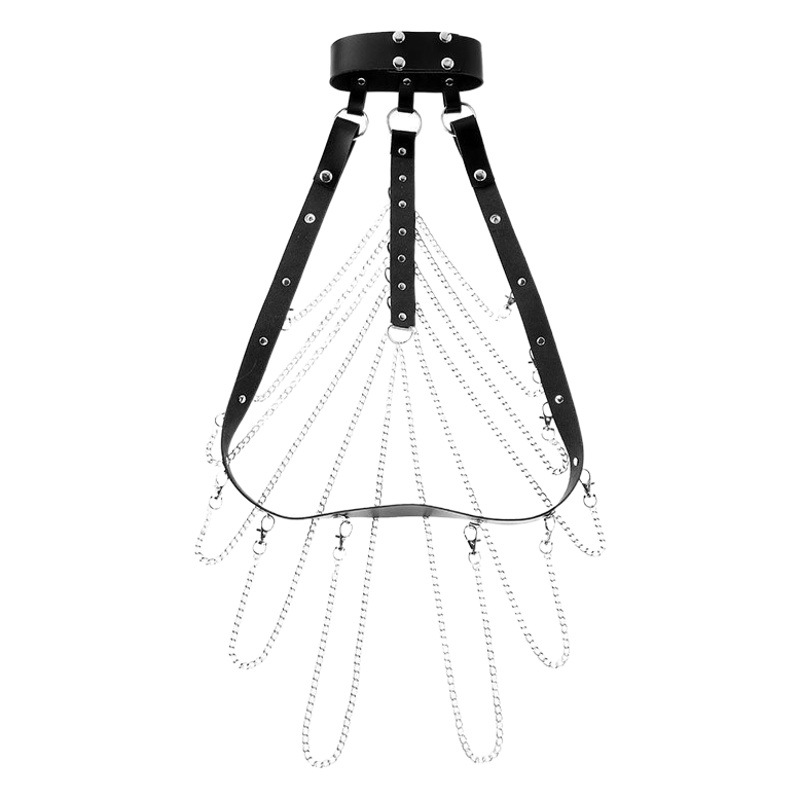 Amazon Hot Sale Sexy Metal Chain Body Chain Chest PU Leather Tie Bodice Tie Belt Clothes in stock