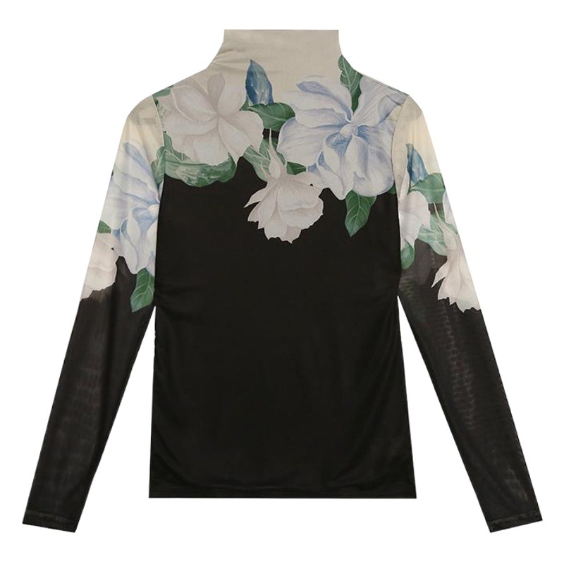 Fleece-lined thick turtleneck printed positioning flower mesh bottoming shirt 2023 autumn and winter New Fashion Western style long sleeve T-shirt