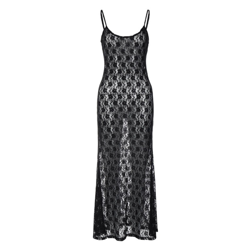 Foreign Trade European and American Style 2023 Summer Women's Lace Transparent Suspender Mid-Length Skirt Popular Fashion Sexy Dress