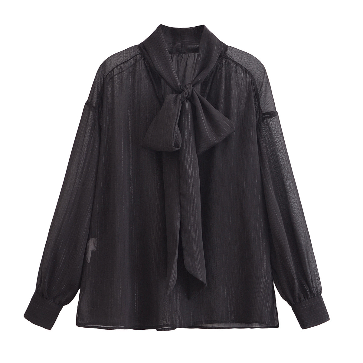 Spring Cross-border Fashion All-match Bow Long-sleeved Shirt Top 2025 Spring New Bright Silk Lace-up Top