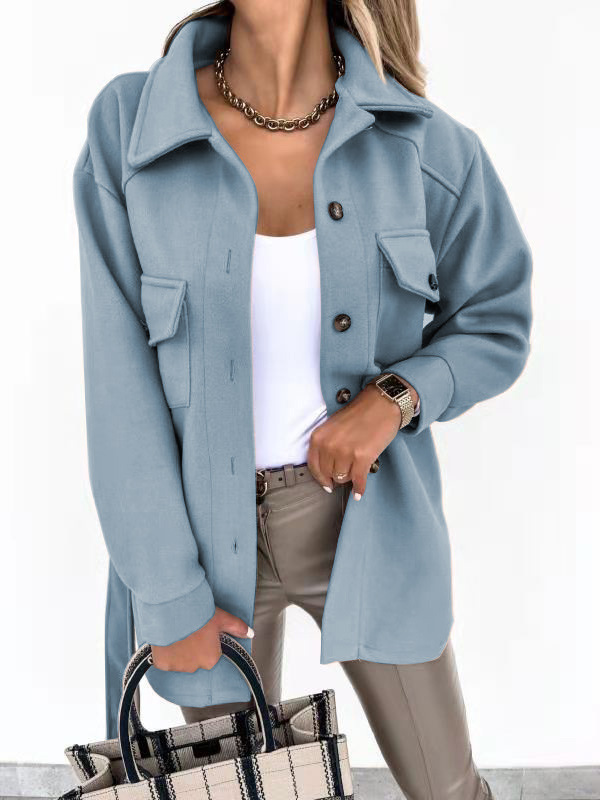 Picture of Europe and the United States cross-border autumn and winter lapel single-breasted thick solid color shirt wool loose coat female manufacturers direct supply