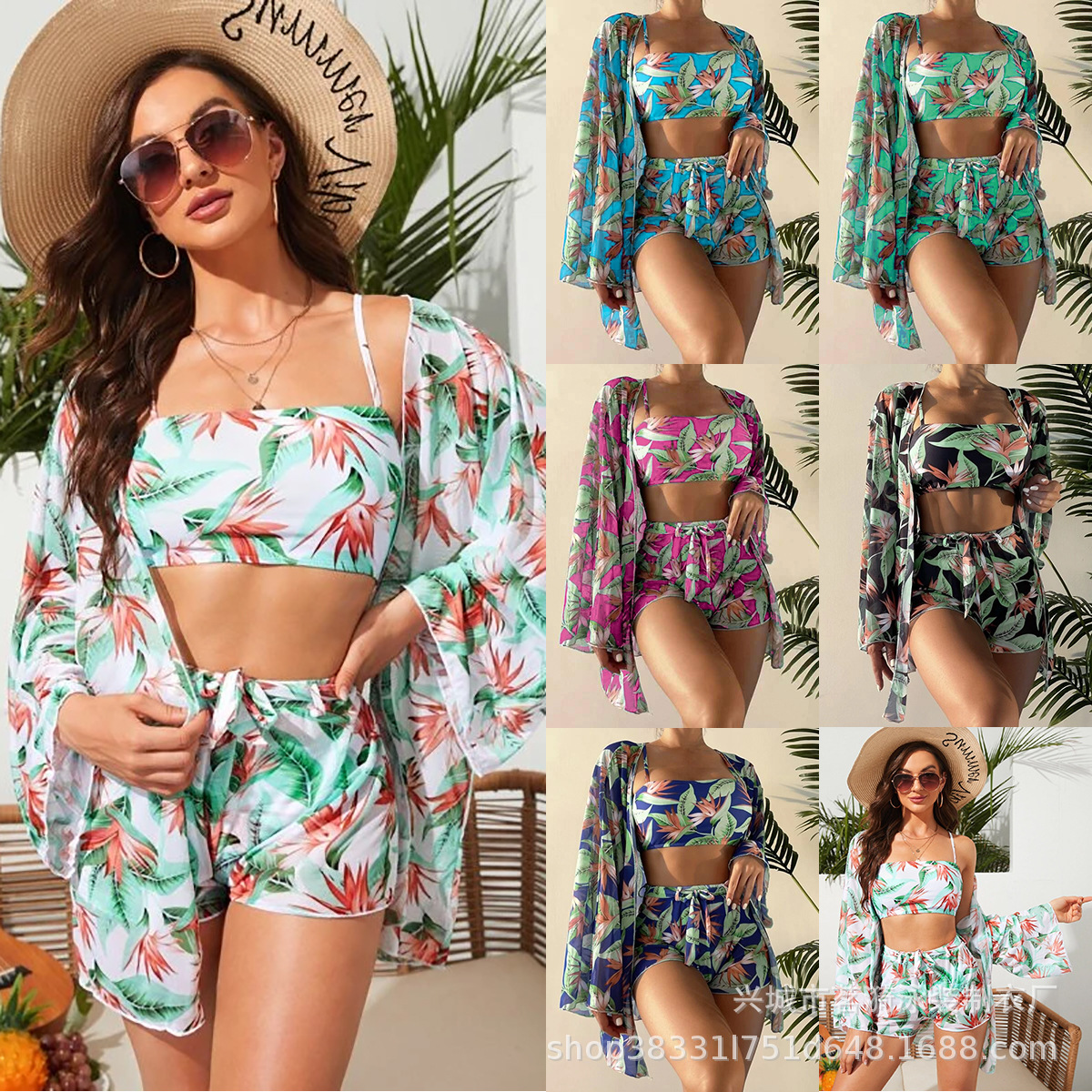 Ming Yi New European and American Fashion bikini bikini Sexy Blouse Long Sleeve Multicolor Printed Four-Piece Women's Swimsuit