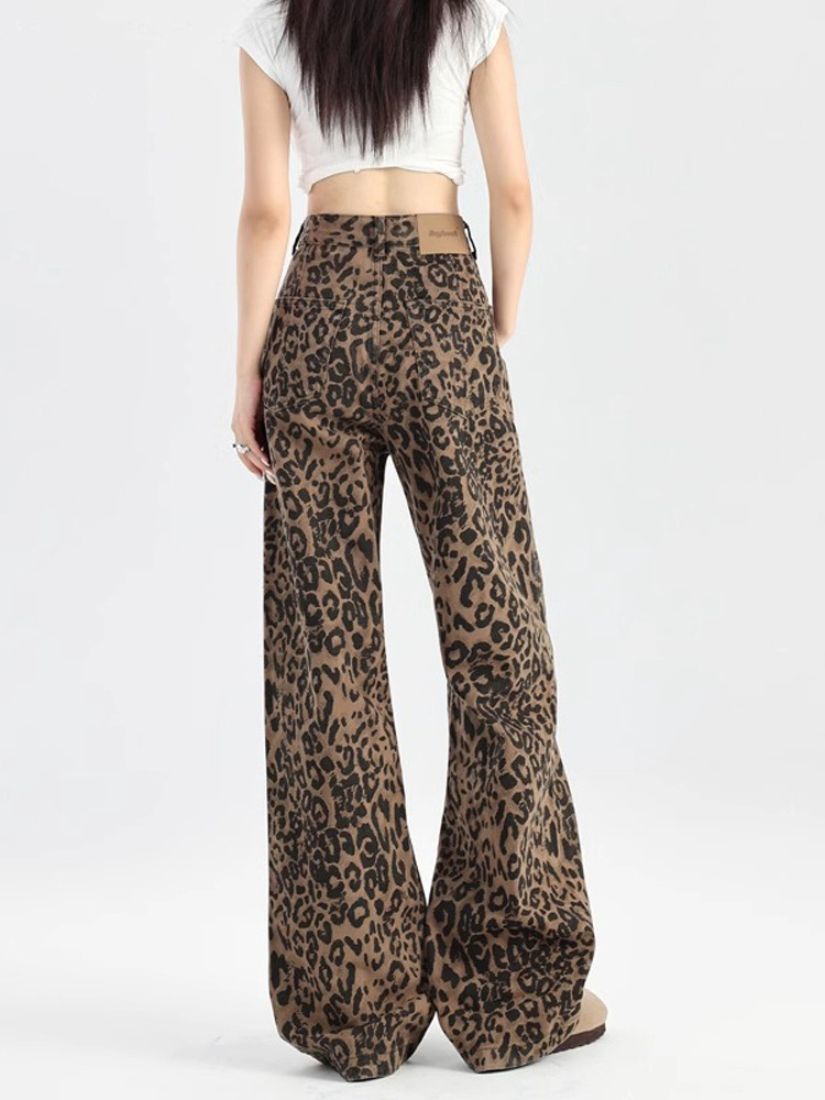 Spice Girl Leopard Print Wide Leg Jeans Women's Summer 2024 New High Waist American Style Loose Straight Pants Spring and Autumn