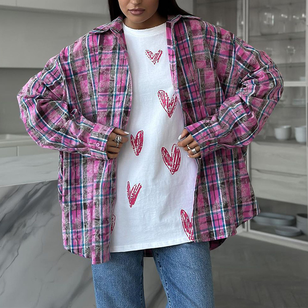 European and American 2024 spring Amazon cross-border retro style versatile lapel loose shirt Plaid long sleeve women's shirt