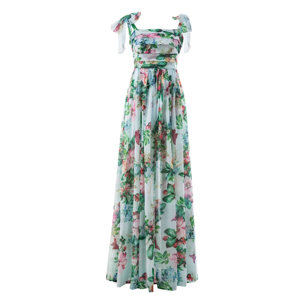 European Station 2022 Summer Export New Women's Clothing Rose Print Pleated Chest Wrap Large Hem Elegant Suspender Long Skirt for Women