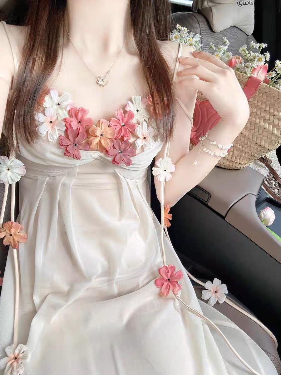 French Style Three-Dimensional Flower Sling dress Women's Summer Gentle Mesh Long Dress White Backless A- line Dress