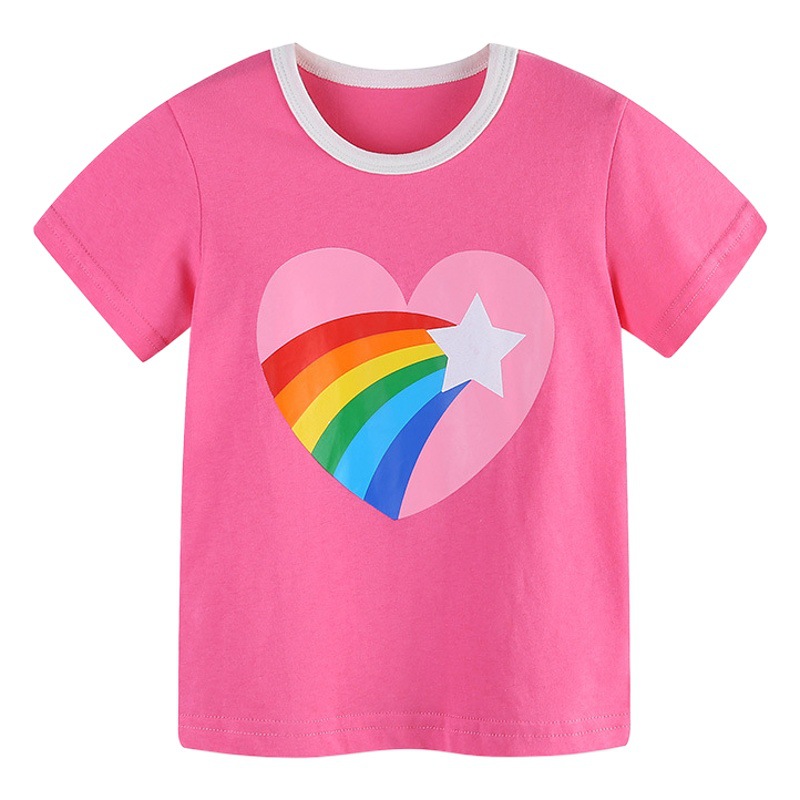 25 Summer New Girls' T-shirt Love Rainbow Print Children's Cotton Sweatshirt Baby's Round Neck Short Sleeve Top