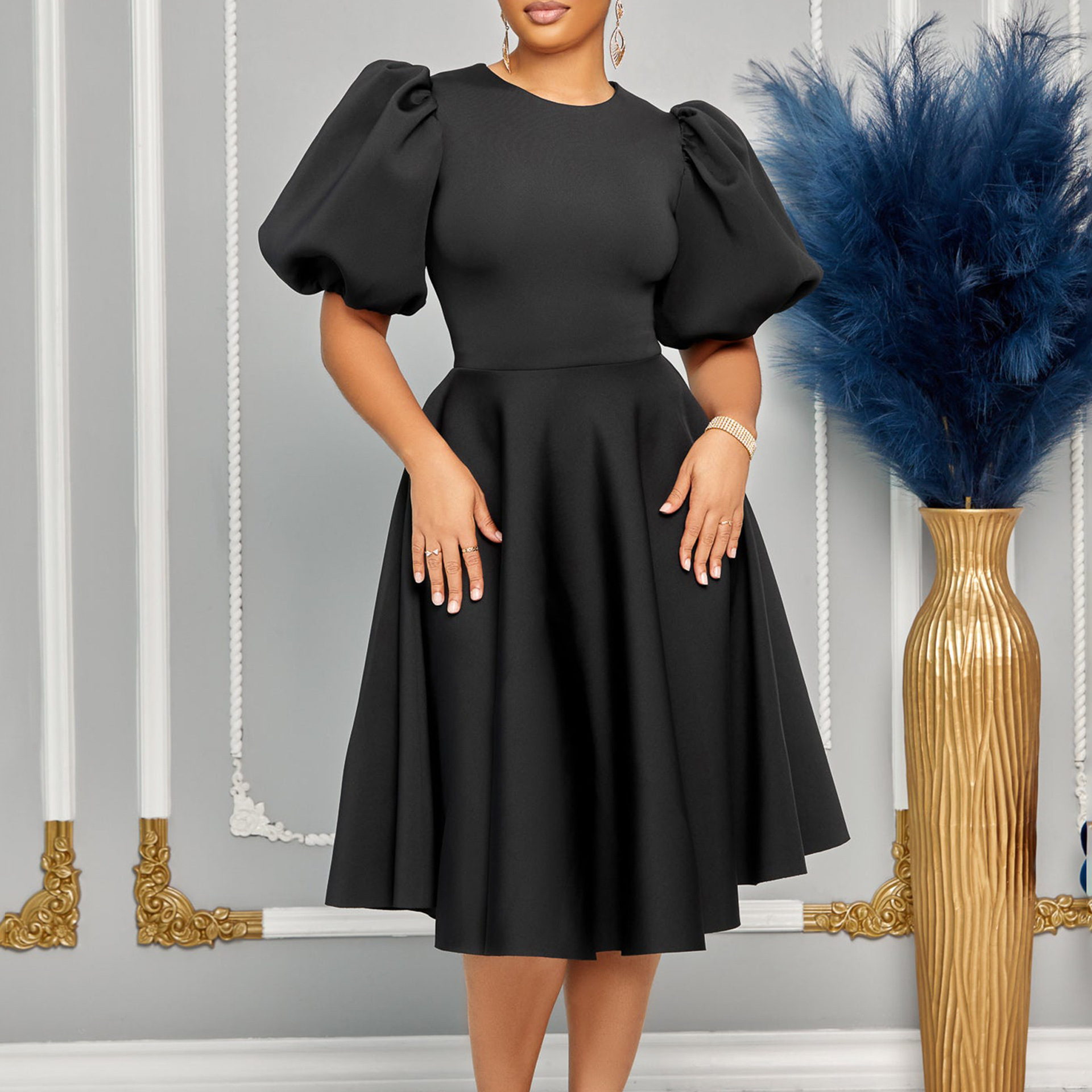 D3178 Cross-border European and American Amazon Crewneck Elegant Bubble Sleeve Waist Dress A- word Foreign Trade dress