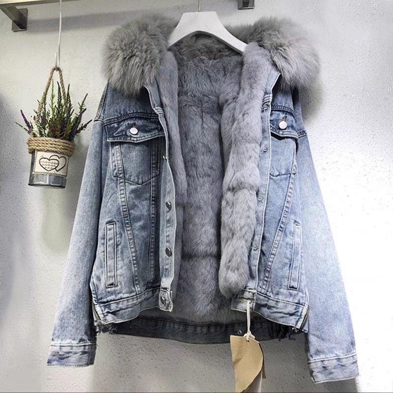 Large fur collar Denim coat women's short 2024 Winter South Korea new versatile loose fleece-lined thick cotton-padded coat cotton-padded coat