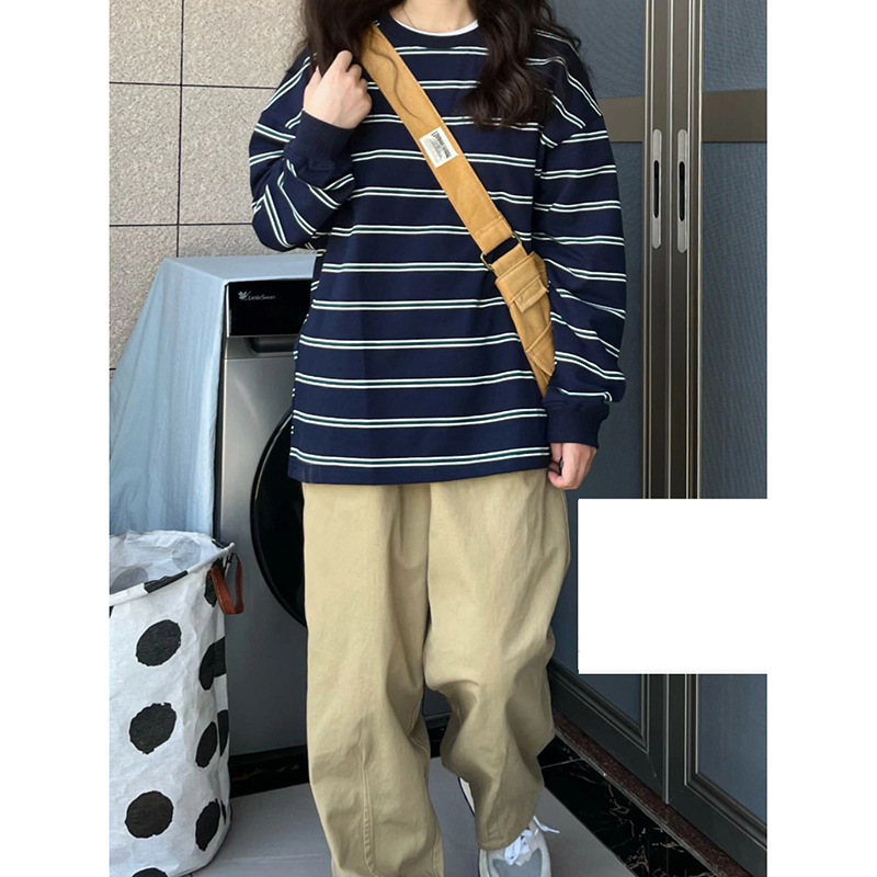 Picture of Chic Korean-style Striped Thin Sweatshirt Women's plus size Loose Autumn and Winter New Retro Long-sleeved Trendy Cross-border Top