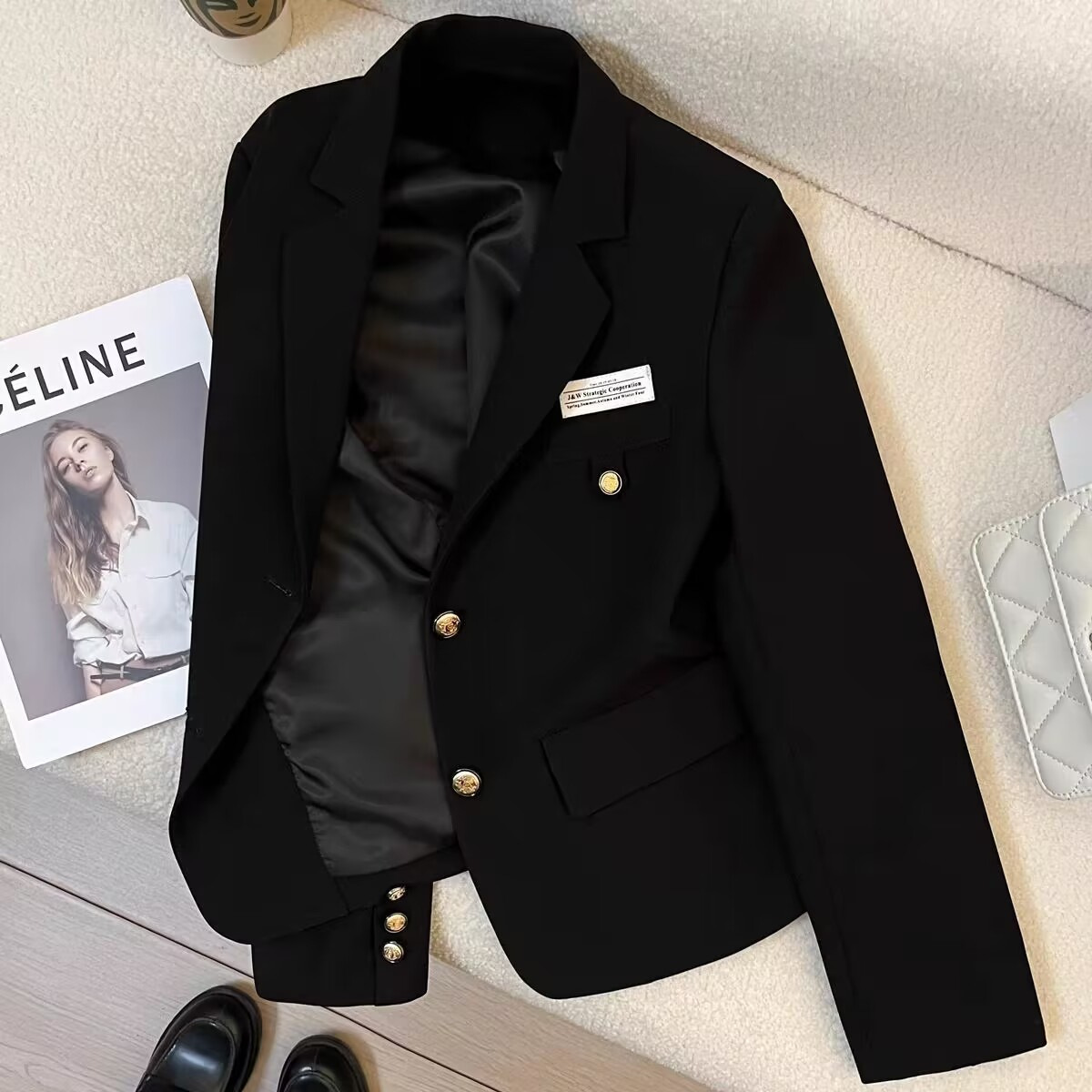 Black Short Suit Jacket Female Petite 2024 Autumn New Design Sense College Style Casual Street Suit