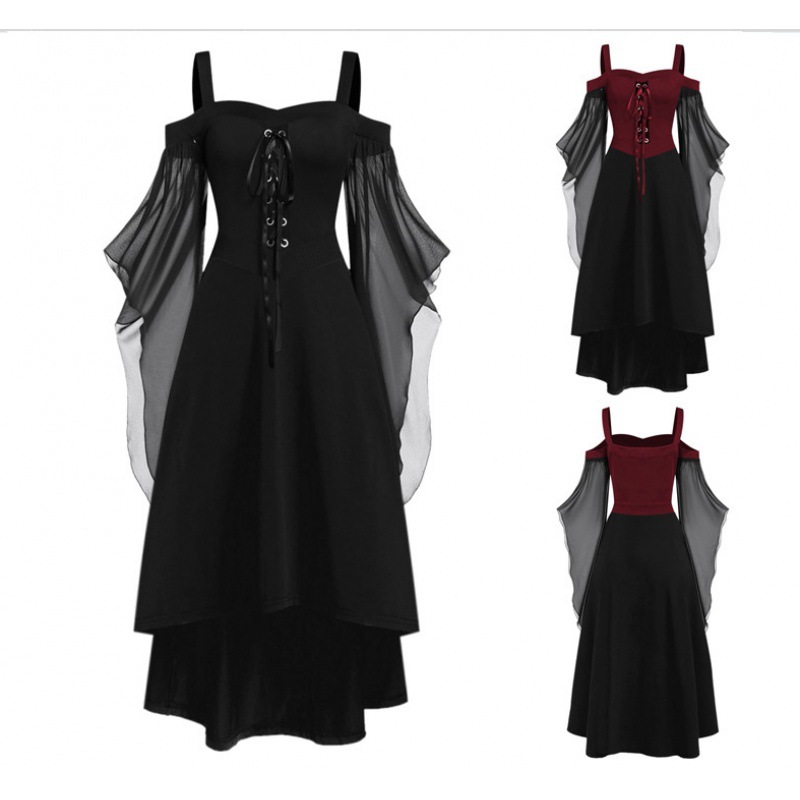 New Gothic Large Swing Sleeves Asymmetrical Splicing Halloween Suspender Long Skirt Strappy Large Swing Dress