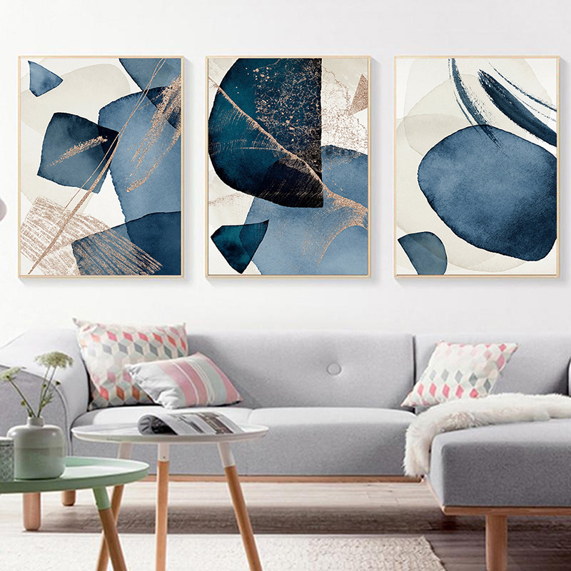 Modern Nordic Watercolor Blue Block Abstract Geometric Poster Bedroom Living Room Decoration Hanging Painting Frameless Painting Wholesale Printing