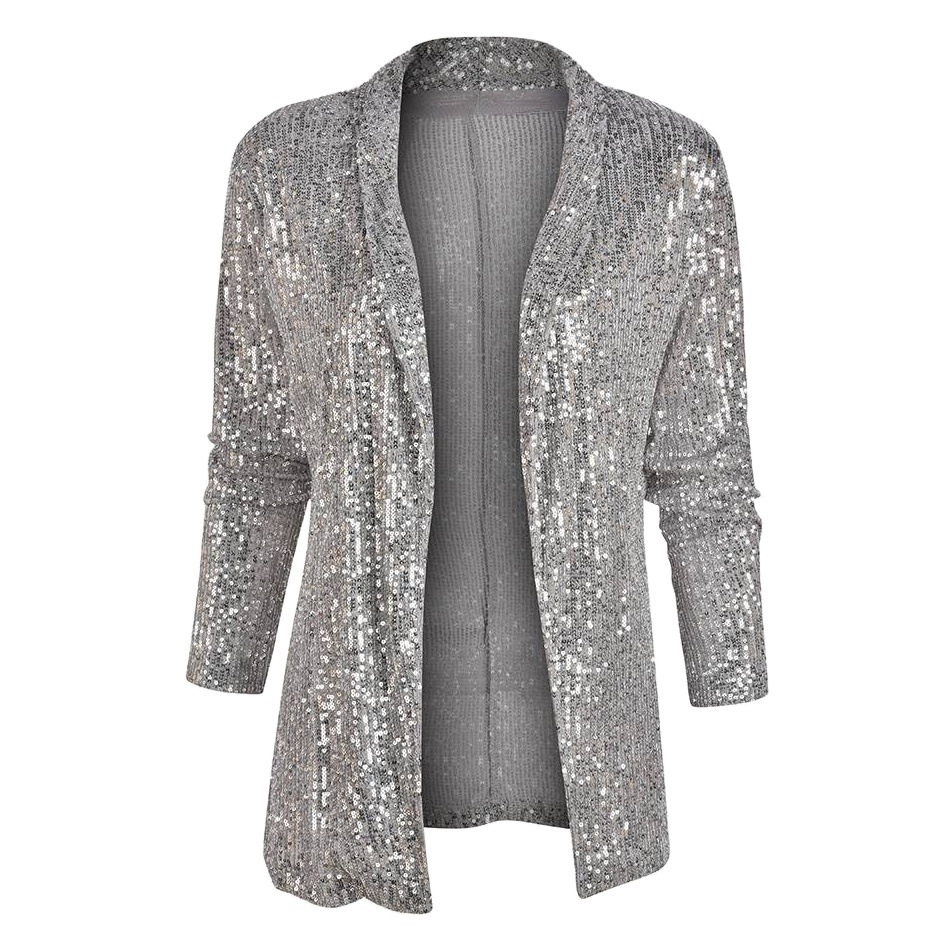 2025 Spring New European and American Amazon Sequined Long-Sleeved Elegant Mid-Length Small Suit Lapel Pure Color Jacket for Women