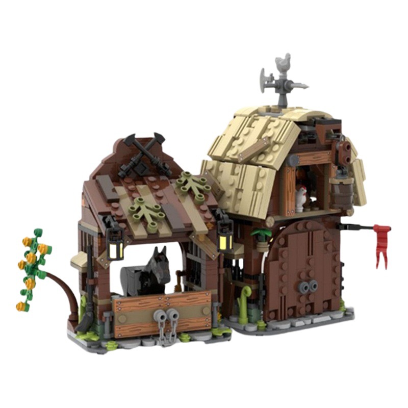 MOC-114761 medieval barn and stable compatible with Lego small particle building blocks assembled children's toy model