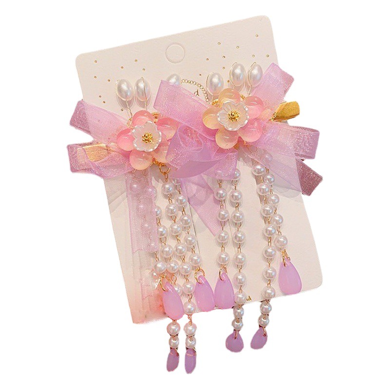 Children's Antique Tassel Hairpin Girls' Ancient Chinese Clothing Headwear Princess Bow Double Clip Little Girl's Guofeng Hair Accessories