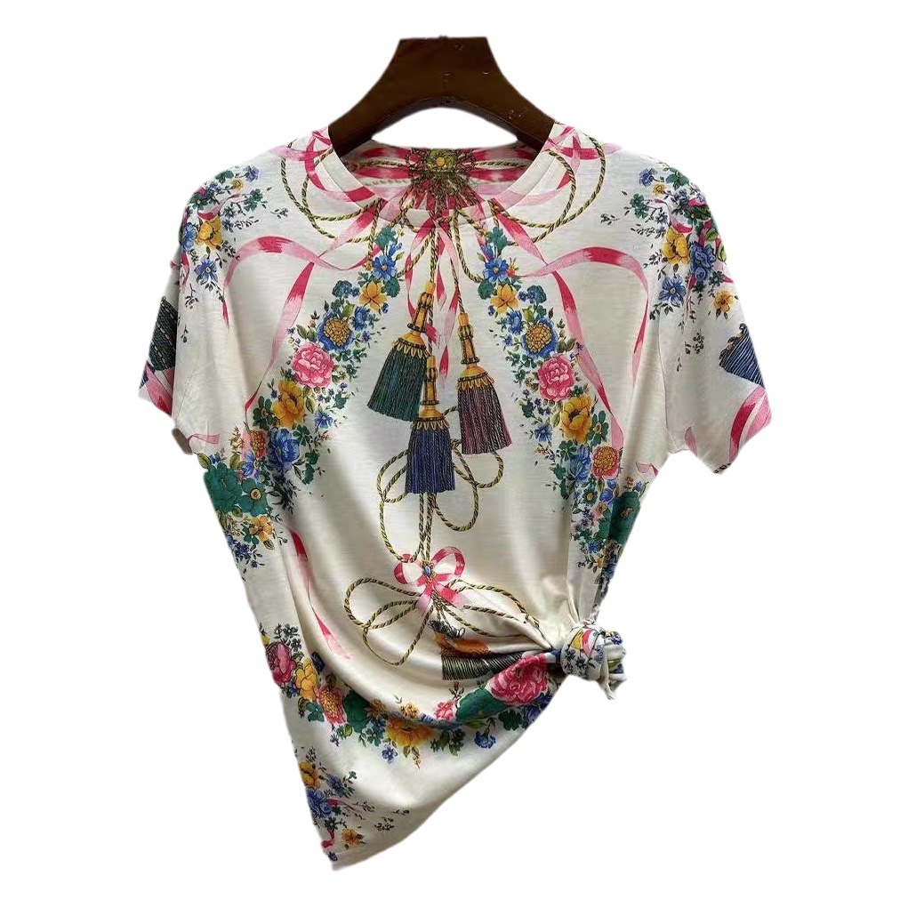 New Summer Cross-border Foreign Trade Women's Clothing Full-body Printing Fashion Baby Cotton Color Pattern Elegant Slim-fit Round Neck Short