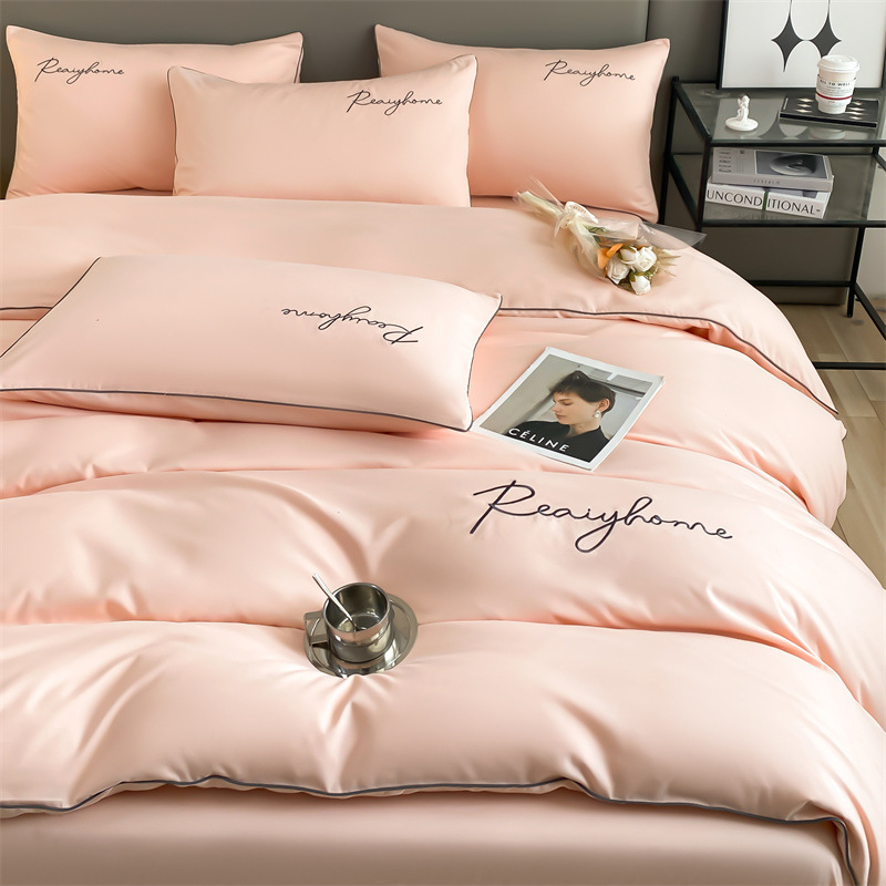 Picture of Solid color double four-piece set of style bed sheets home light luxury quilt cover washed cotton embroidered letter quilt cover three-piece set