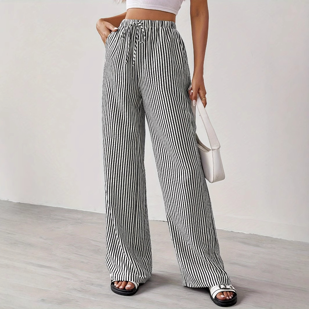 European and American Hot Style Independent Station Shein Slim Drawstring Flap Pocket Pants Stripesd Casual Pants Wide Leg Pants Straight Pants