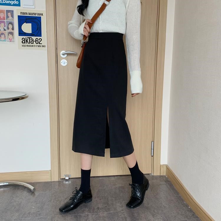 Black Skirt Women's 2021 Autumn and Summer High Waist plus size Slimming Side Split Mid-length A- line Skirt Hip Skirt