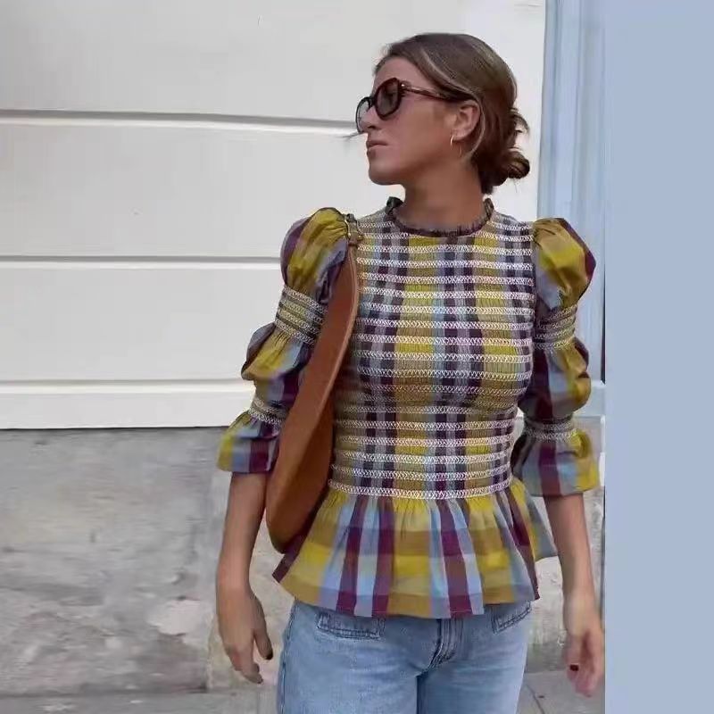 2024 Amazon AliExpress summer new fashion ruffled pleated plaid round neck long sleeve top women's clothing