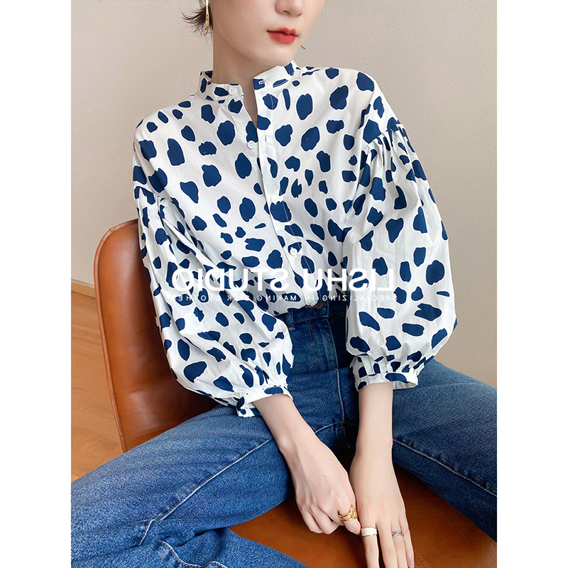 Early Spring and Autumn 2024 Ancient Irregular Printed Collar Shirt Women's Design Sense Lantern Sleeve Fashionable All-match Top Trendy