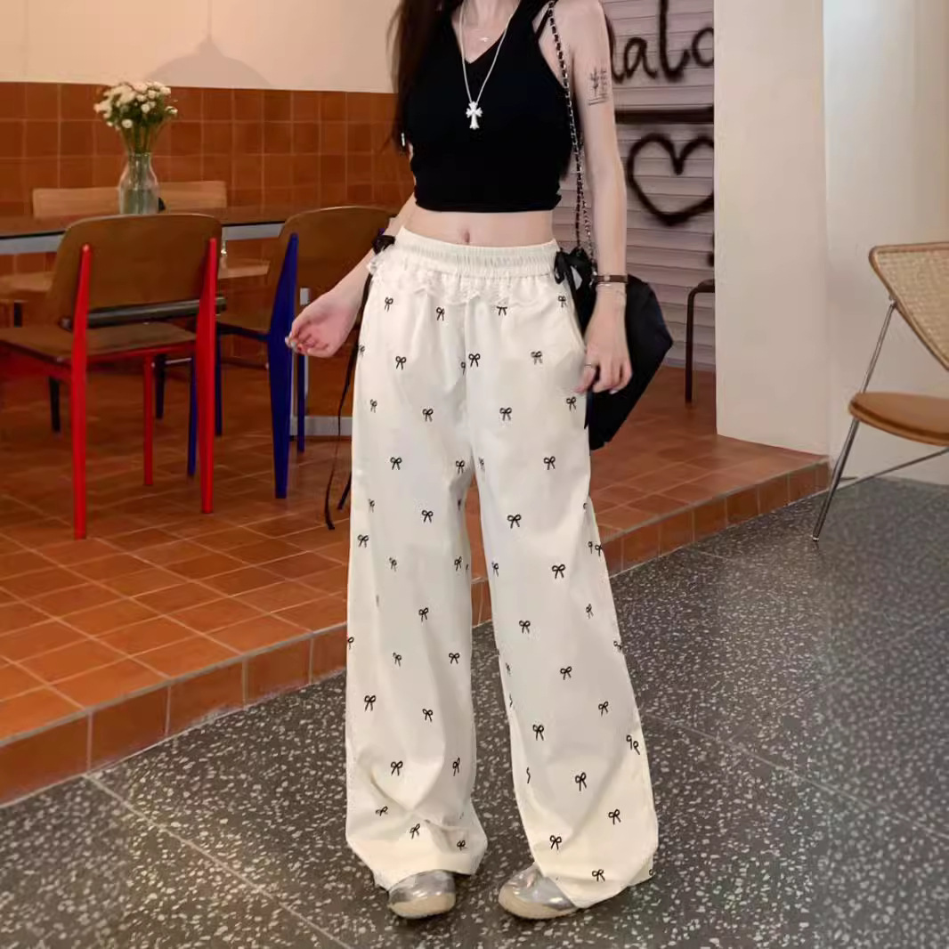 Picture of Sweet Spice Lace Stitching Casual Pants Bow Pants New Summer Loose Loose Waist Wide Pants Straight Leg Pants