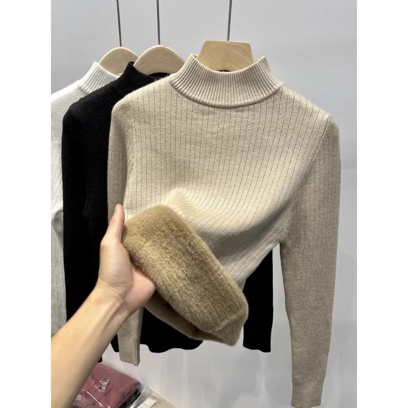 Thickened one-piece velvet half turtleneck sweater for women autumn and winter New fleece-lined warm inner wear solid color all-match bottoming sweater